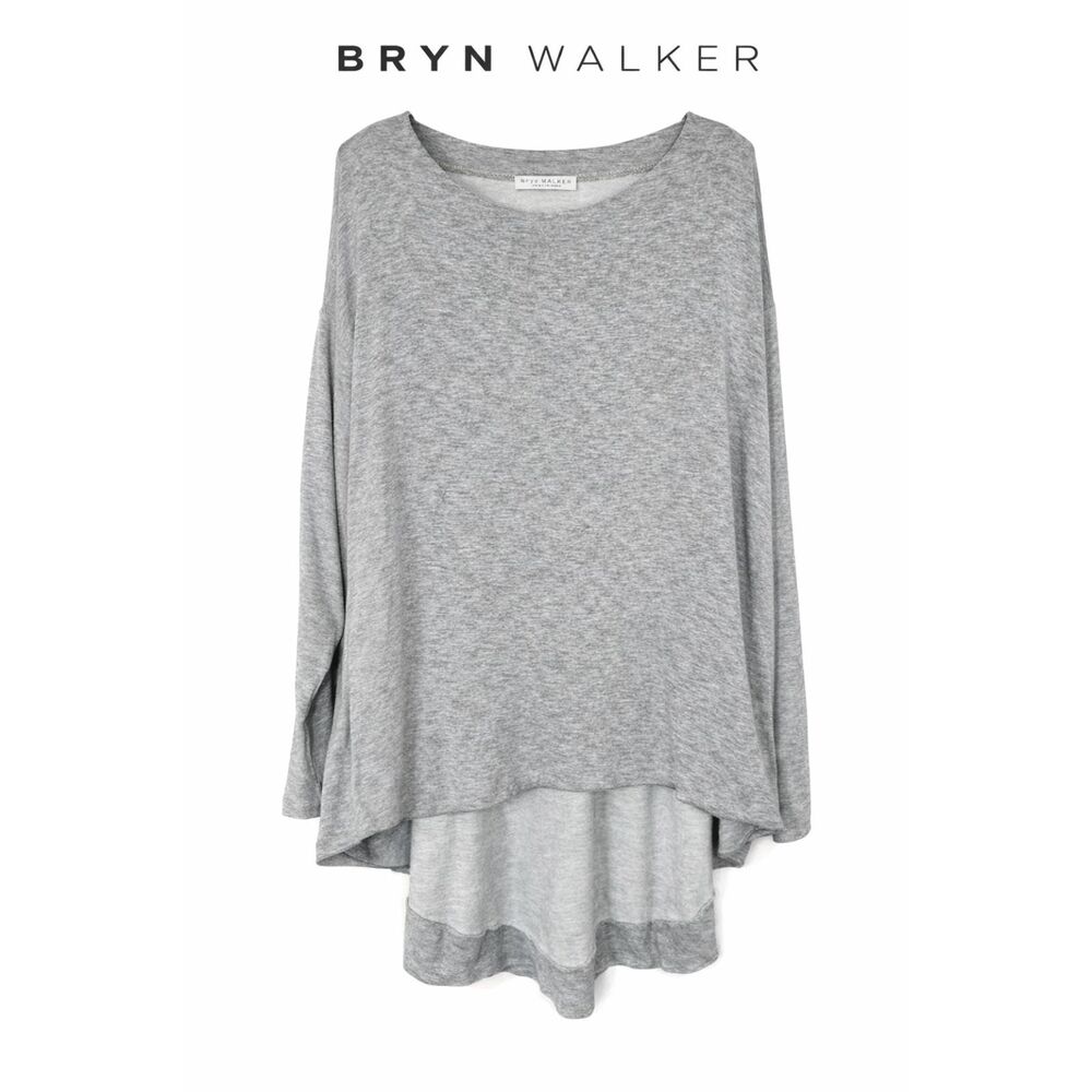 Bryn Walker Gray Oversized Tunic Top L Asymmetrical Hem Lagenlook Made USA